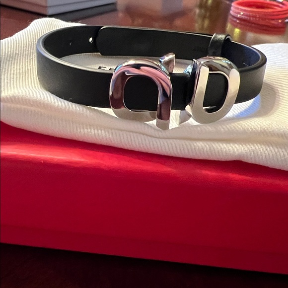 Salvatore Ferragamo Black Leather bracelet with Silver Accents NWT - Picture 2 of 13